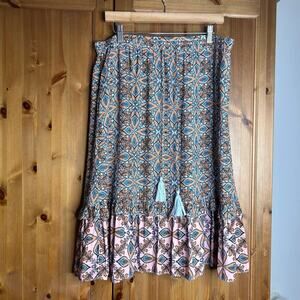 Loft Tiered‎ Midi Skirt Women’s Large Hippie Bohemian Whimsical Festival Tassels